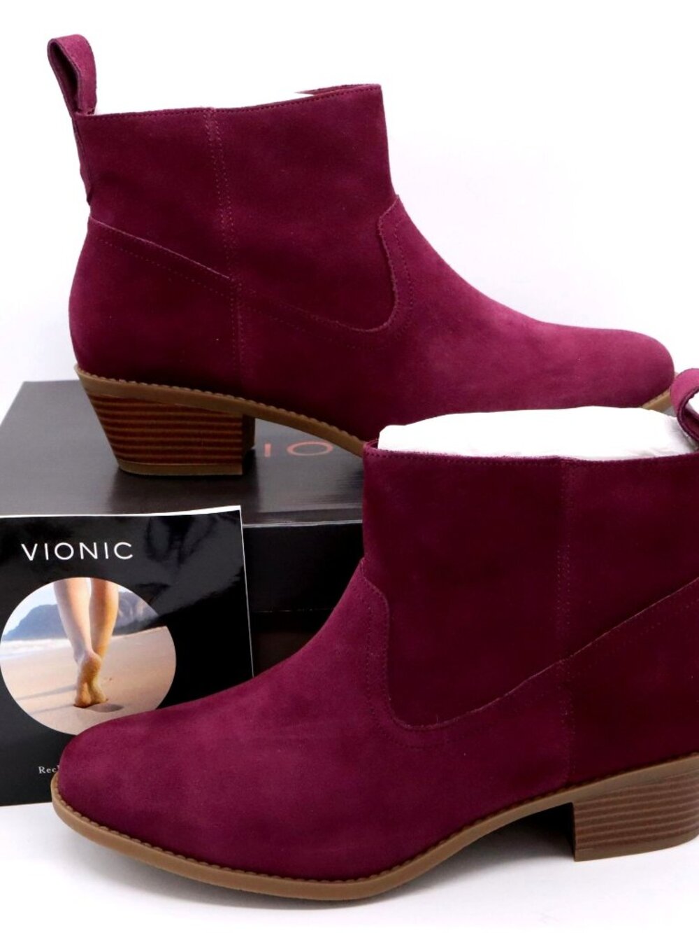 Vionic Joy Vera Merlot Suede Leather Ankle Boots Womens Sz 9 Plum Purple Booties